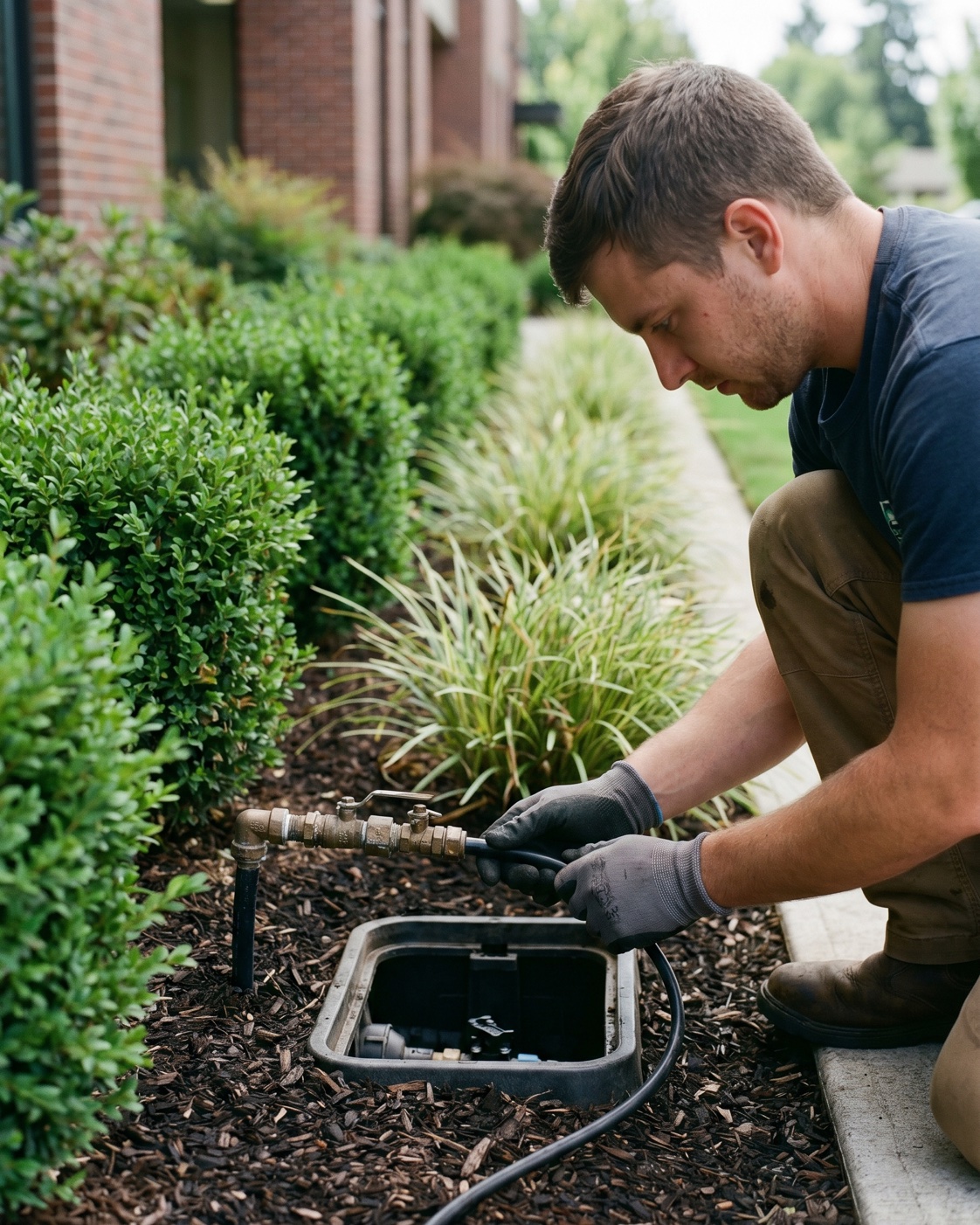 ManageMowed technician inspecting irrigation in a dark mulch bed at a Eugene commercial property