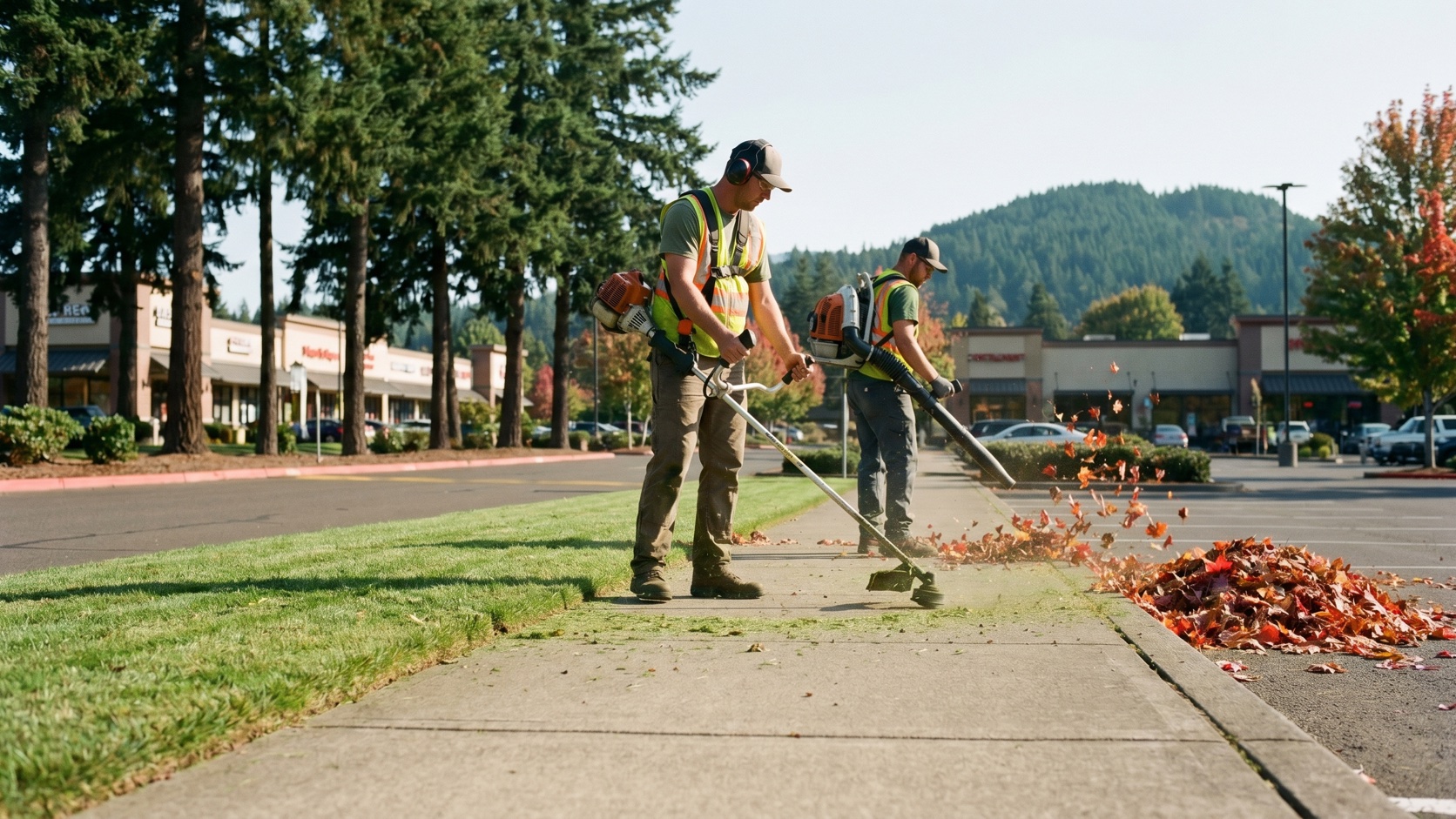 ManageMowed crew edging and clearing leaves at a Eugene-area commercial retail center beneath Douglas firs