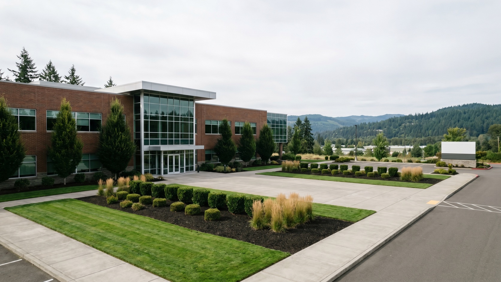 Immaculate commercial office exterior maintained by ManageMowed in the Eugene-Springfield area